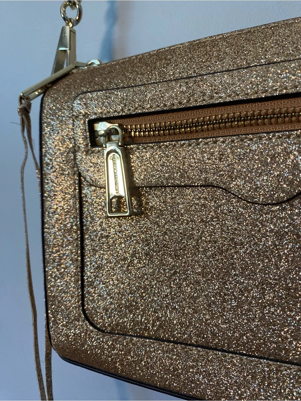 REBECCA MINKOFF LEATHER GLITTER AVERY CROSSBODY ROSE GOLD